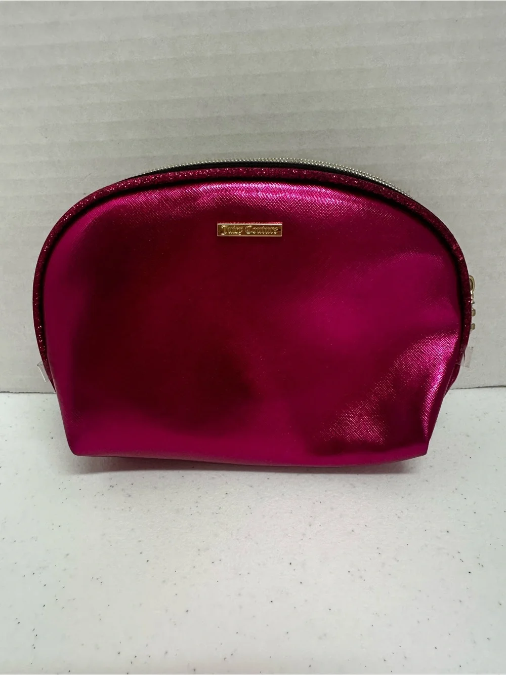 Juicy Couture Metallic Hot Pink Cosmetic Makeup Bag Travel Pouch Zip Case